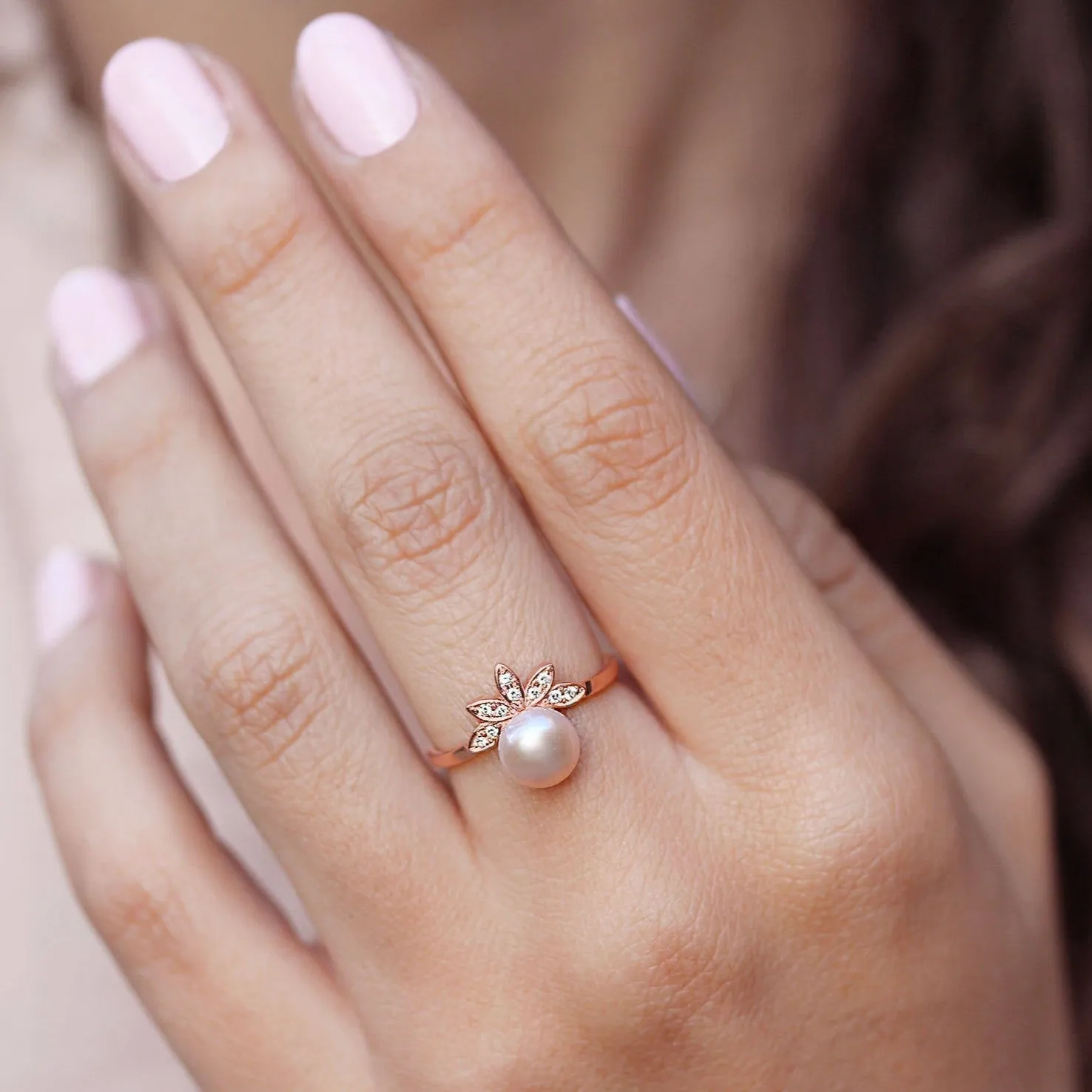 Pearl and Diamond Leaves Ring, Unique Multistone diamond ring