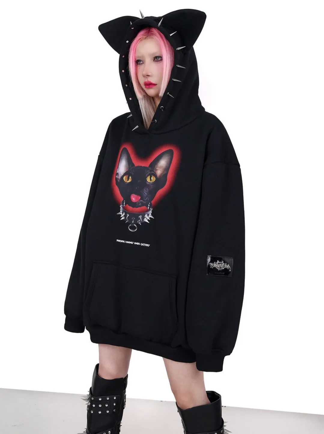 PINKSPINK Spiked Cat-Ear Hoodie - Black with Gothic Cat Print