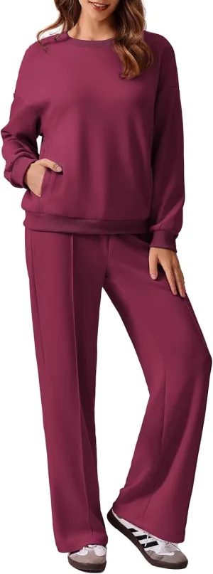 PINSPARK 2 Piece Sets For Women Long Sleeve Sweatshirts Drawstring Straight Leg Pants Fall Travel Airport Outfits 2025