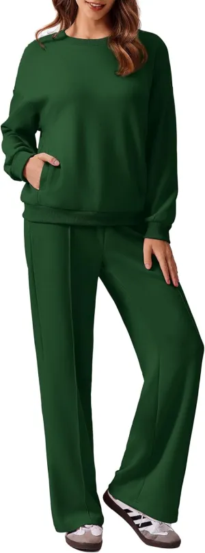 PINSPARK 2 Piece Sets For Women Long Sleeve Sweatshirts Drawstring Straight Leg Pants Fall Travel Airport Outfits 2025