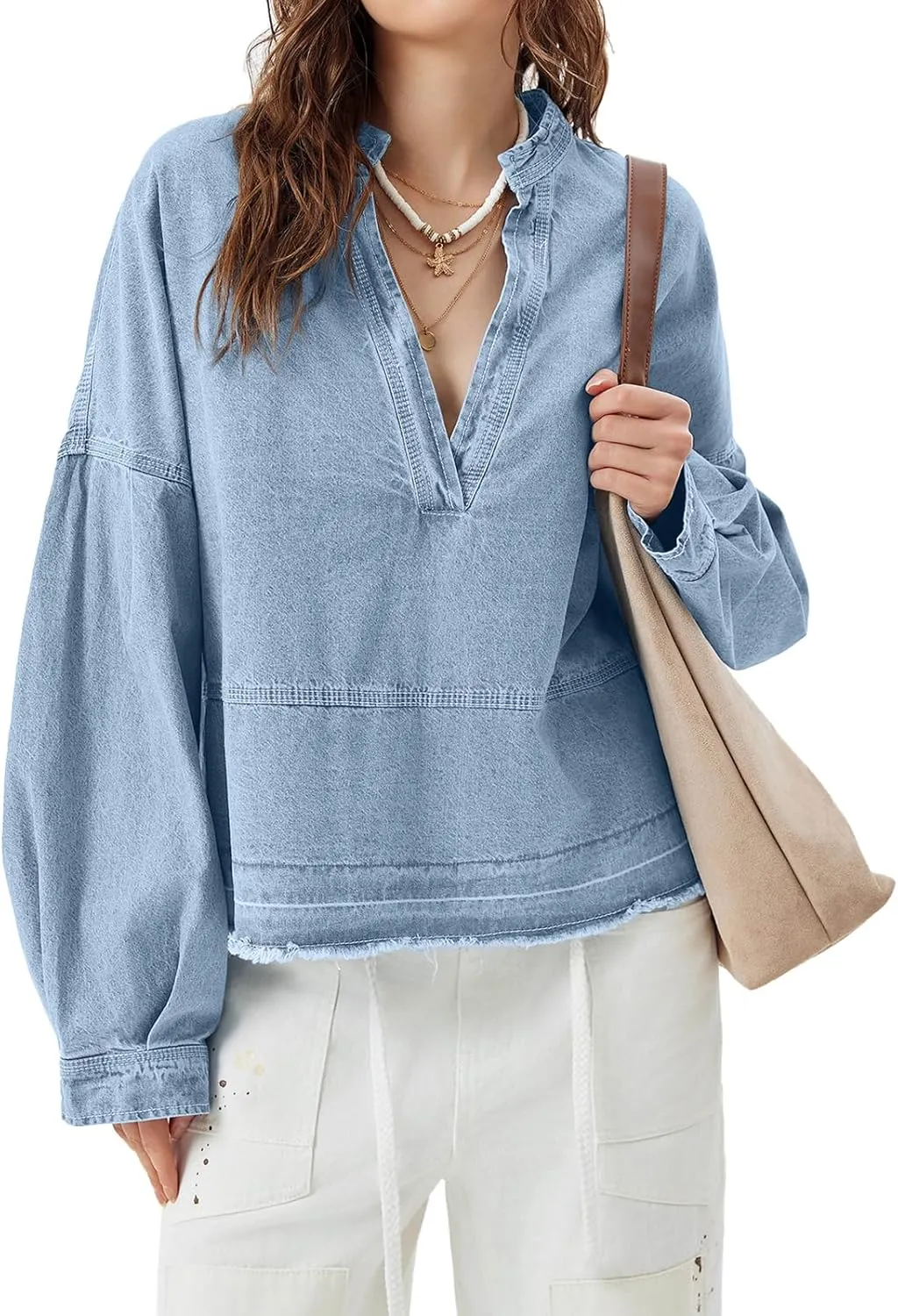PLNOTME Womens Denim Tops Pullover Trendy Casual V Neck Loose Fit Puff Sleeve Jean Cotton Shirts