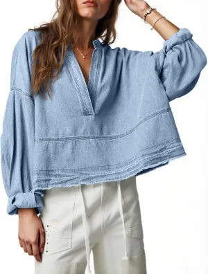 PLNOTME Womens Denim Tops Pullover Trendy Casual V Neck Loose Fit Puff Sleeve Jean Cotton Shirts
