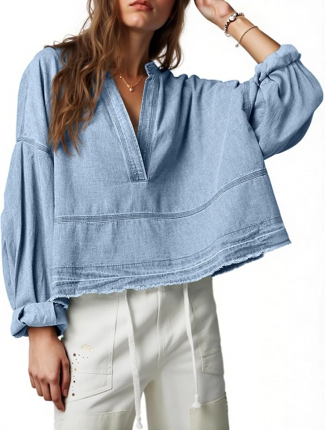 PLNOTME Womens Denim Tops Pullover Trendy Casual V Neck Loose Fit Puff Sleeve Jean Cotton Shirts