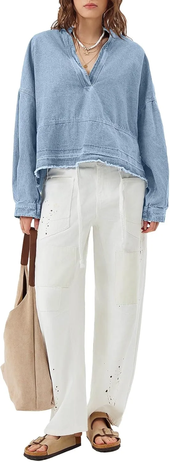 PLNOTME Womens Denim Tops Pullover Trendy Casual V Neck Loose Fit Puff Sleeve Jean Cotton Shirts
