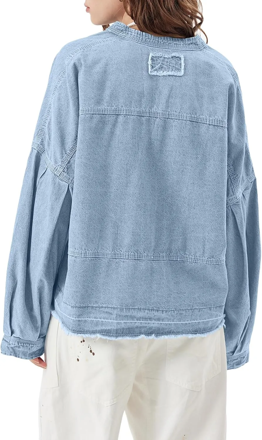 PLNOTME Womens Denim Tops Pullover Trendy Casual V Neck Loose Fit Puff Sleeve Jean Cotton Shirts