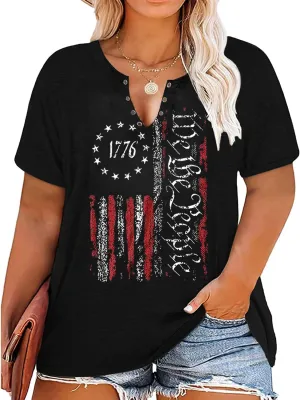 Plus Size USA Flag V-Neck T-Shirt Women Distressed American Flag Graphic Tees Short Sleeve 4th of July Patriotic Tops