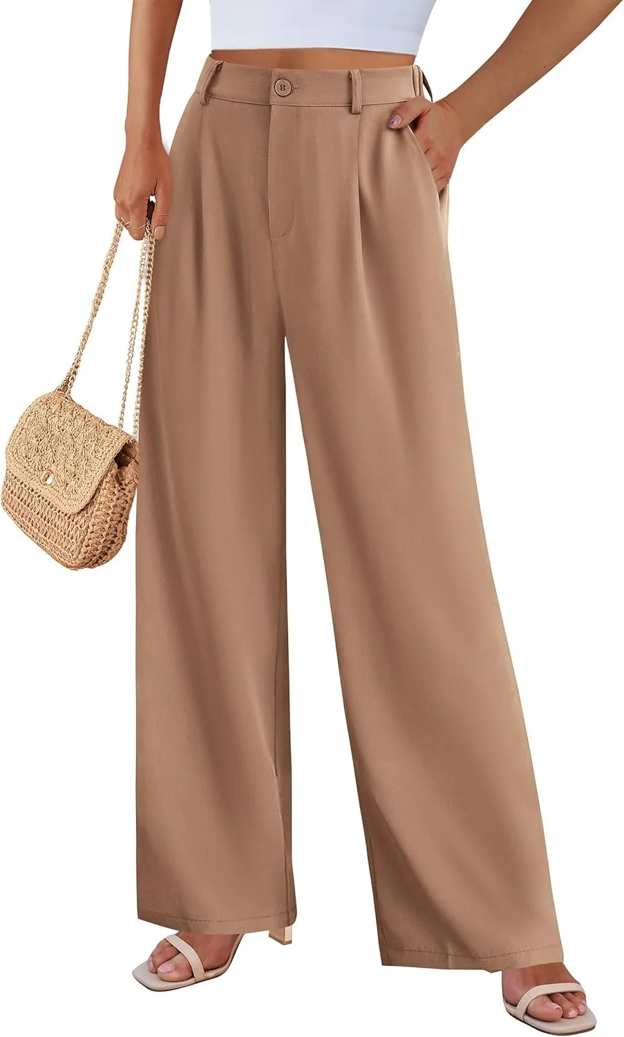 PRETTYGARDEN Palazzo Pants for Women Dressy High Elastic Waisted Business Casual Wide Leg Trousers Pant