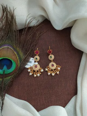 Pure Silver Antique Stone Earrings with Graceful Pearl Drops