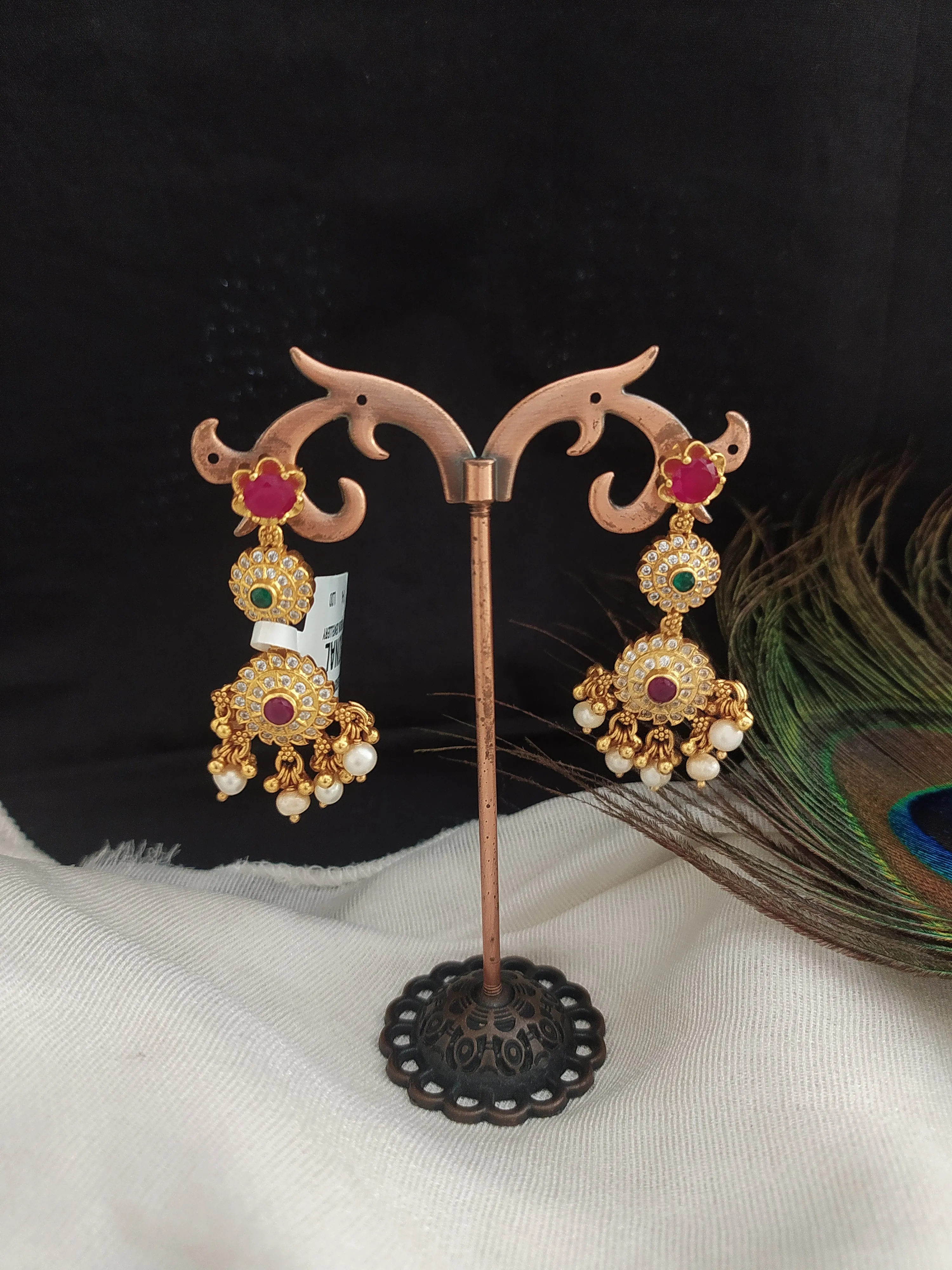 Pure Silver Antique Stone Earrings with Graceful Pearl Drops