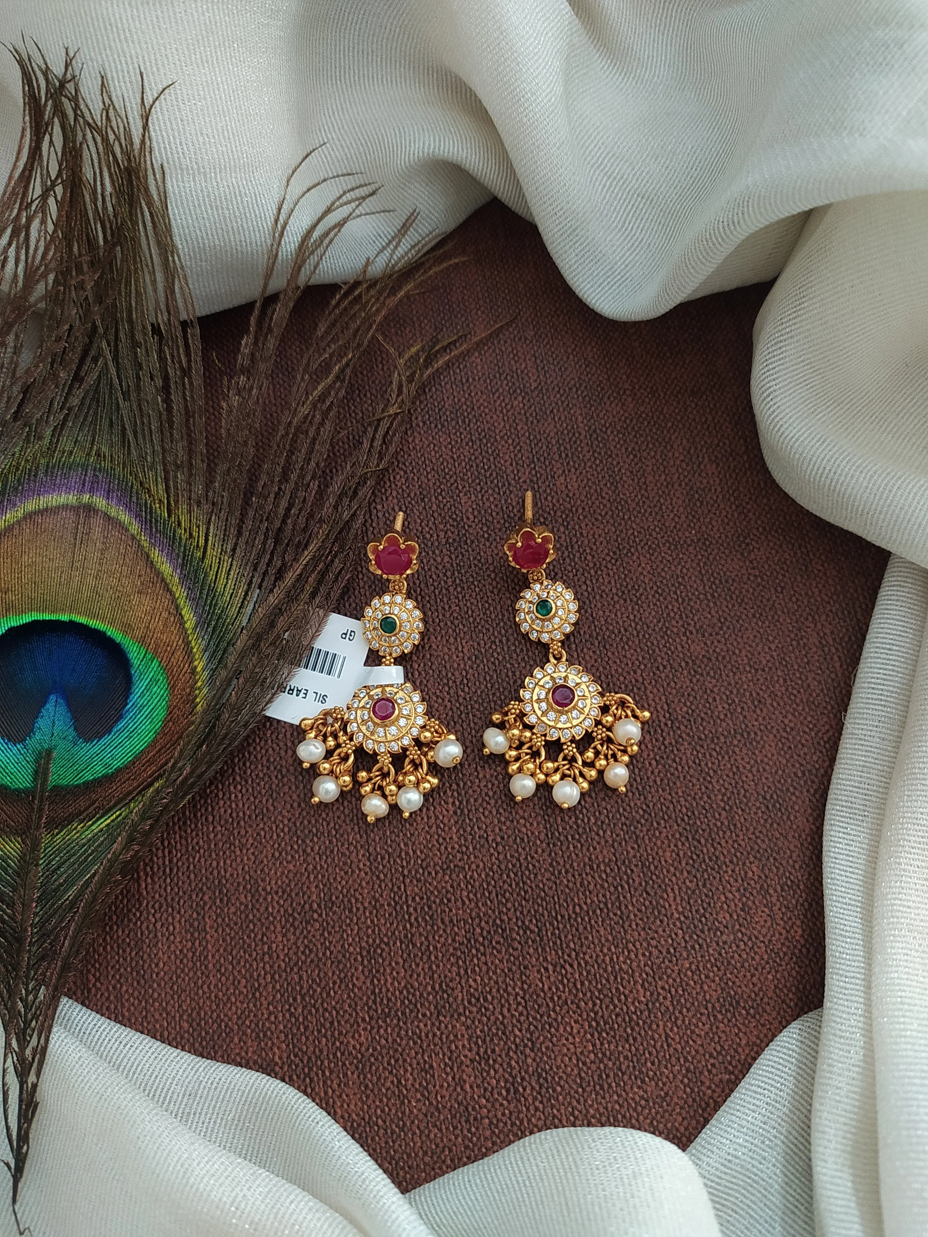 Pure Silver Antique Stone Earrings with Graceful Pearl Drops