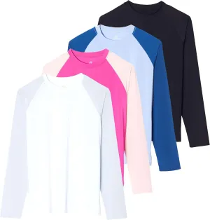 Real Essentials 4 Pack: Women's Long Sleeve Rash Guard Shirt Swimwear UPF Sun Protection Swim Workout Top (Available in Plus)