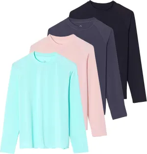Real Essentials 4 Pack: Women's Long Sleeve Rash Guard Shirt Swimwear UPF Sun Protection Swim Workout Top (Available in Plus)