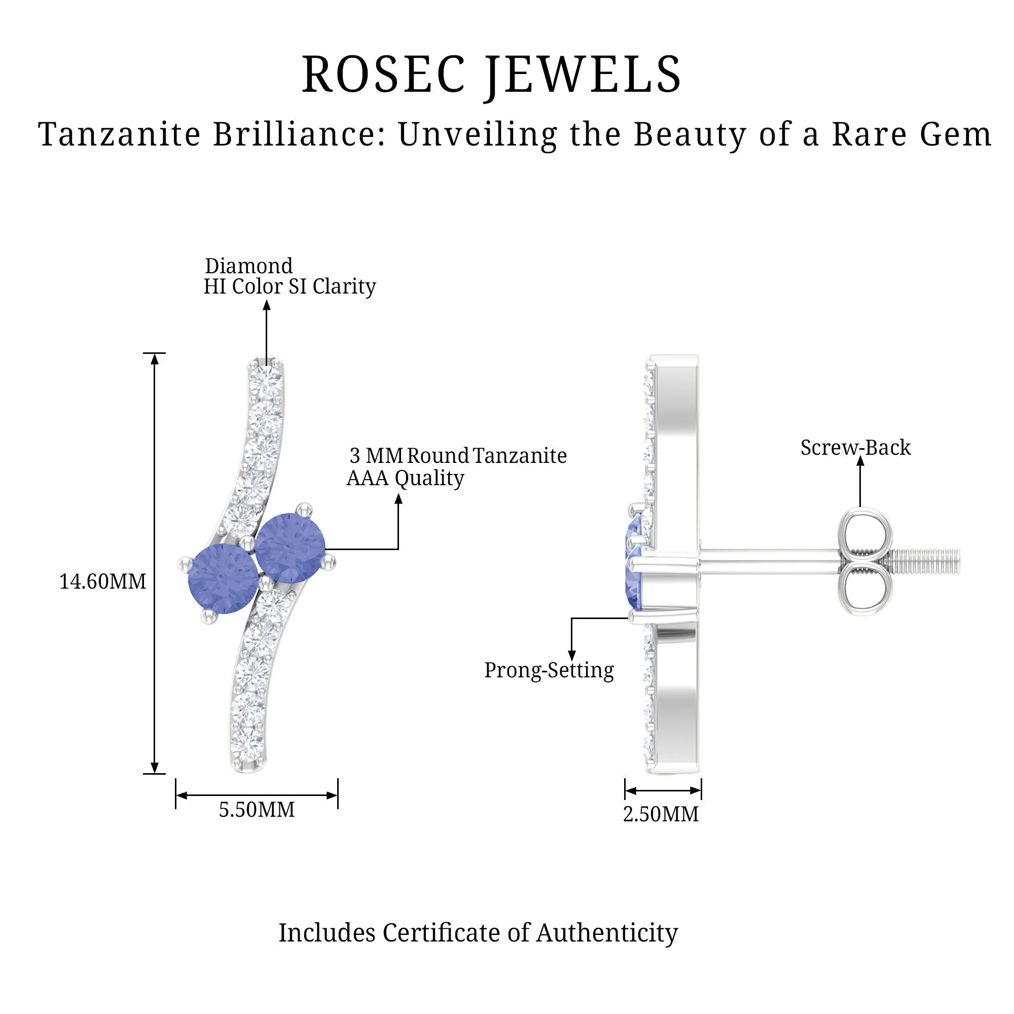 Real Tanzanite and Diamond Minimal Stud Earrings