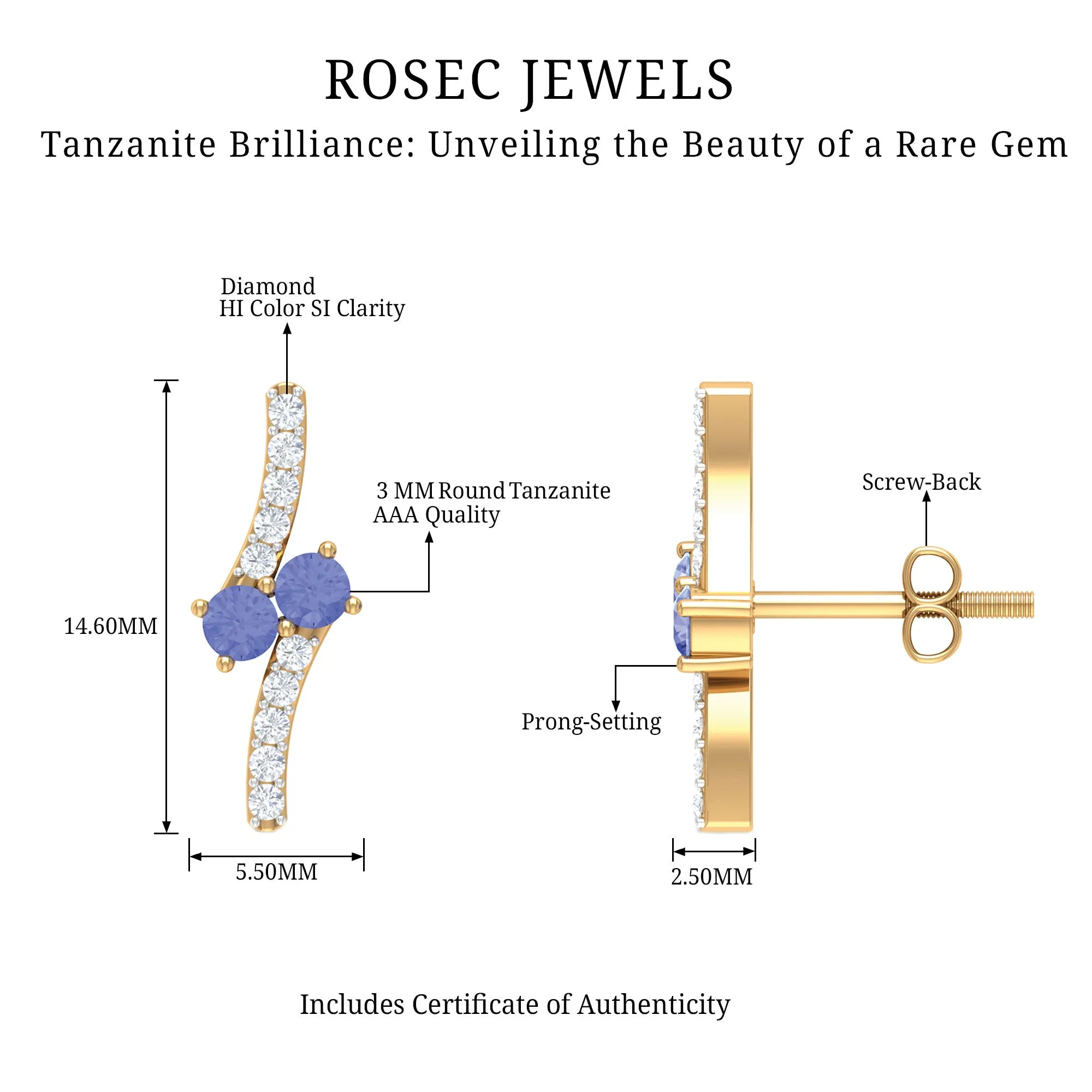 Real Tanzanite and Diamond Minimal Stud Earrings