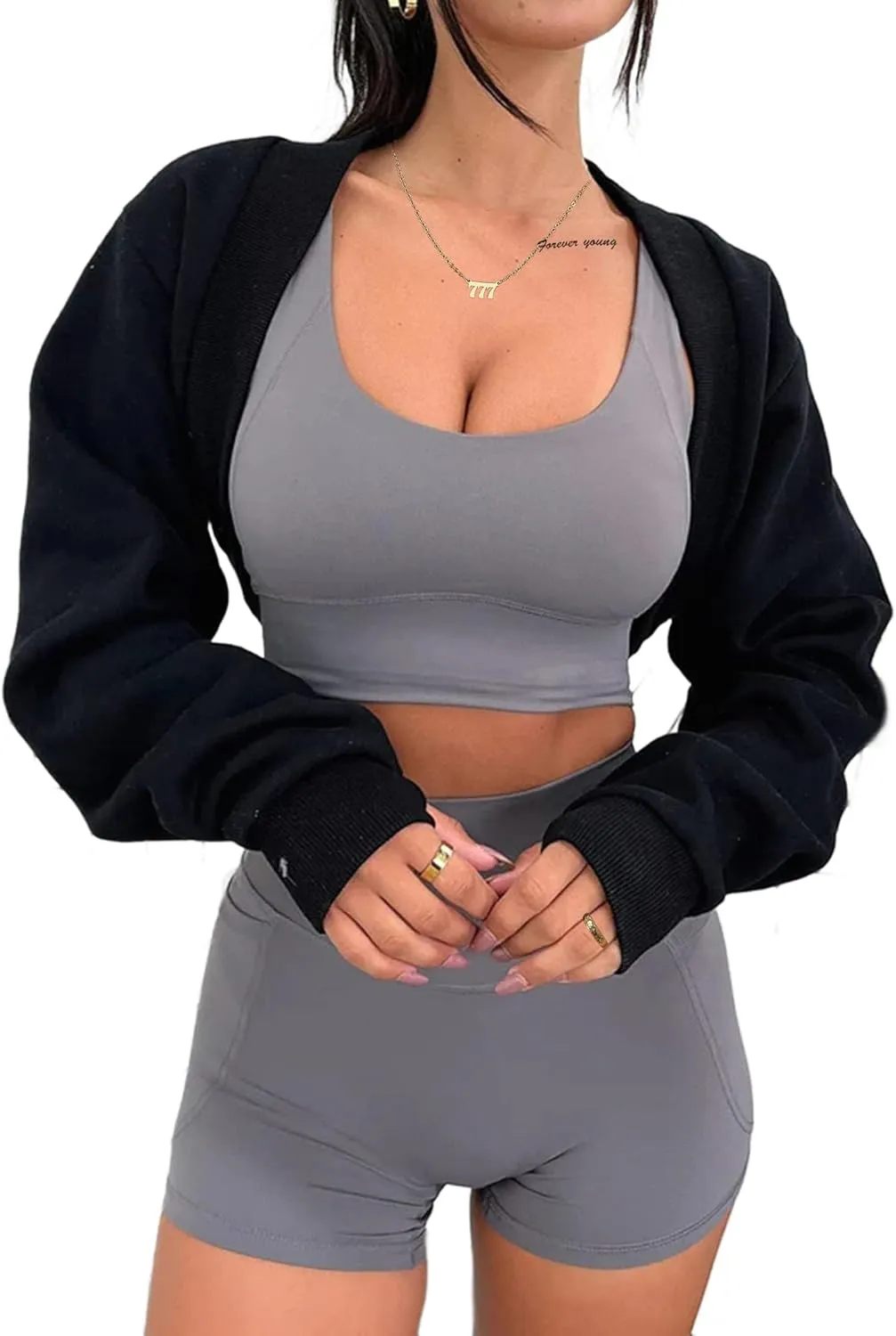 Remidoo Women's Bolero Shrug Open Front Long Sleeve Crop Top Sweatshirt with Thumb Hole