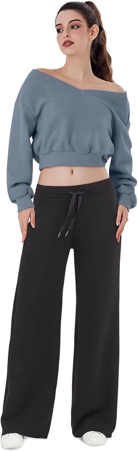 REORIA Womens Cropped Oversized Sweatshirts V Neck Long Sleeve Pullover 2024 Fall Teen Girls Y2K Fashion Crop Tops
