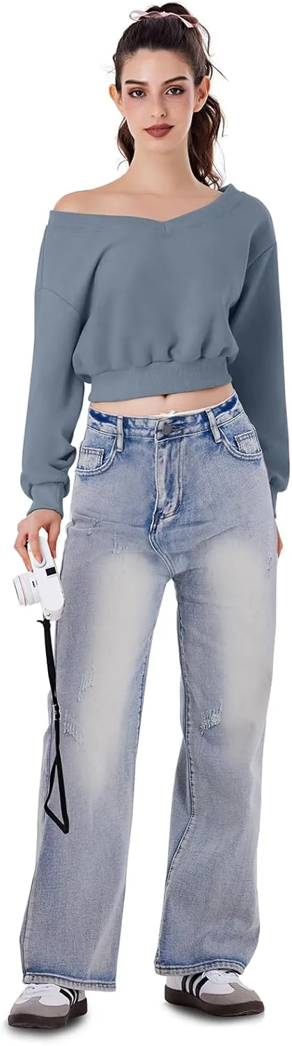 REORIA Womens Cropped Oversized Sweatshirts V Neck Long Sleeve Pullover 2024 Fall Teen Girls Y2K Fashion Crop Tops