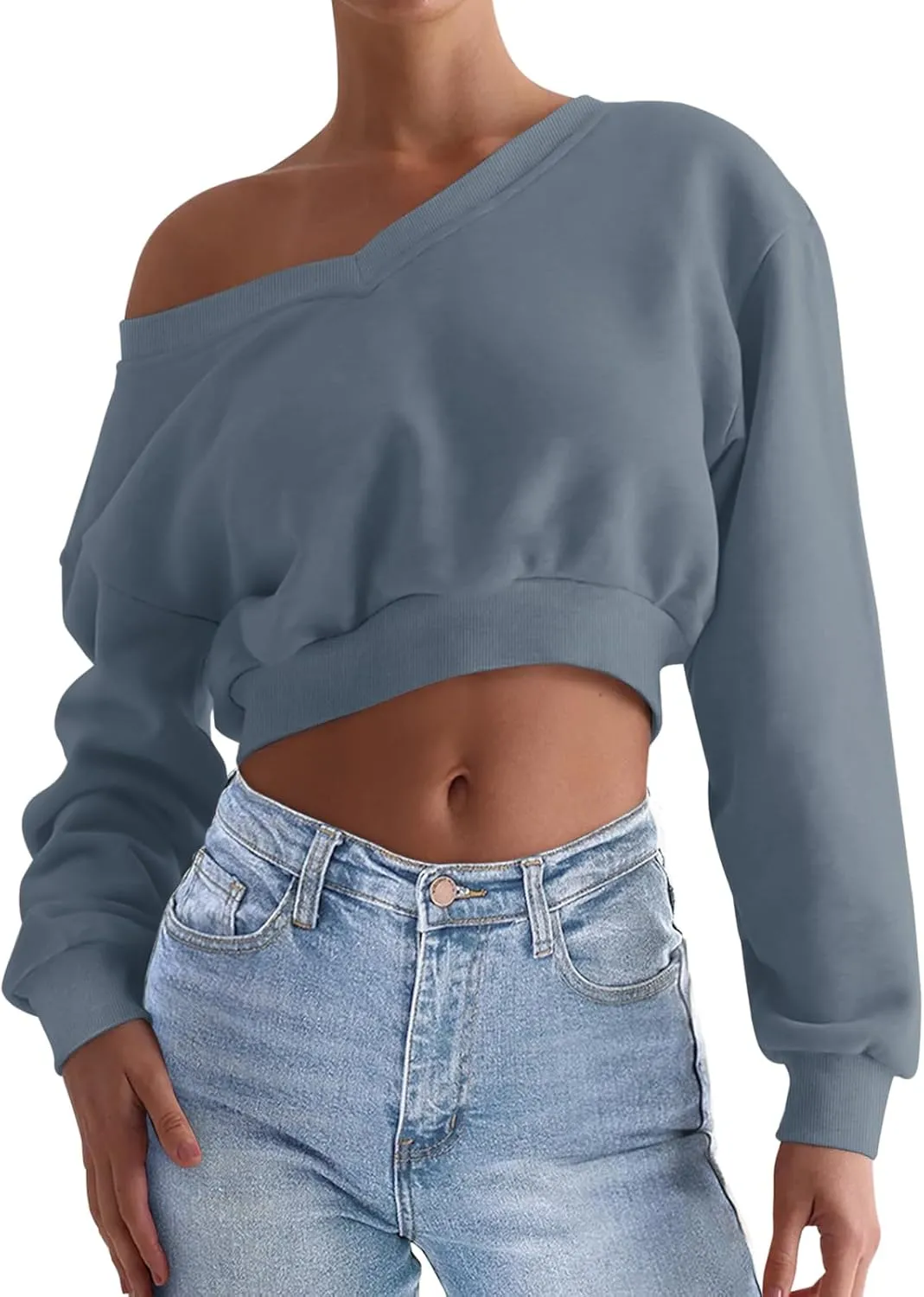 REORIA Womens Cropped Oversized Sweatshirts V Neck Long Sleeve Pullover 2024 Fall Teen Girls Y2K Fashion Crop Tops