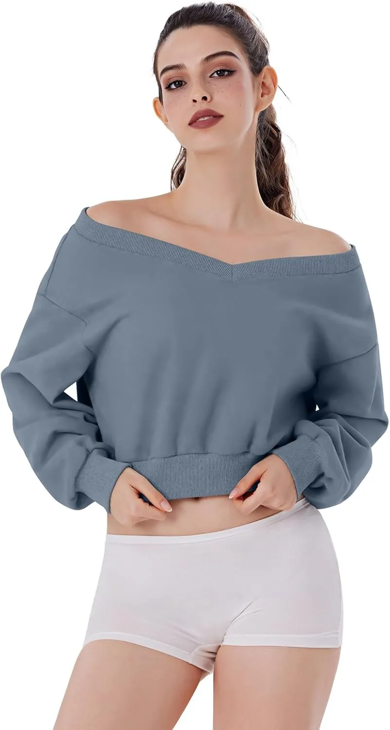 REORIA Womens Cropped Oversized Sweatshirts V Neck Long Sleeve Pullover 2024 Fall Teen Girls Y2K Fashion Crop Tops
