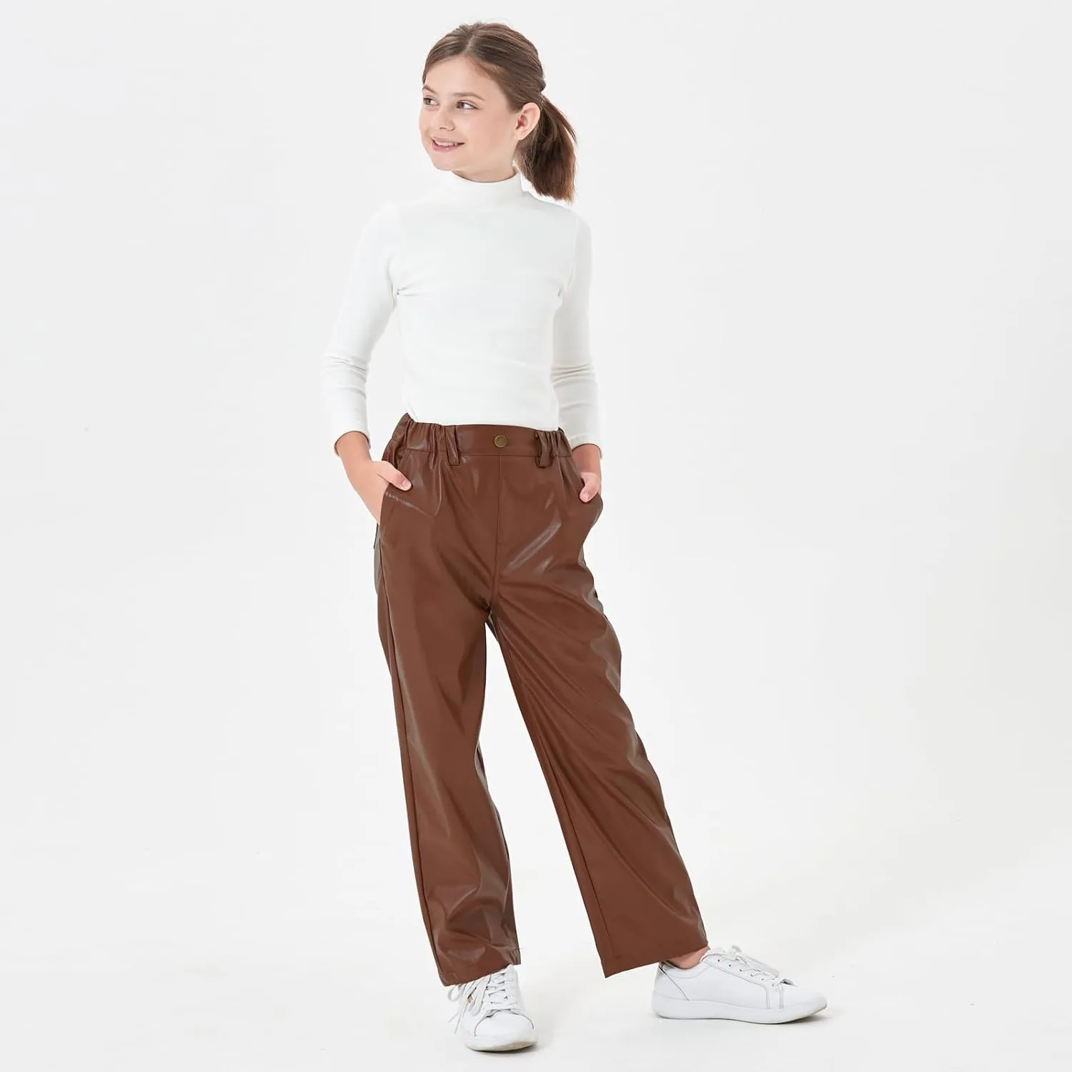 Rolanko Girls Faux Leather Pants Straight Wide Leg Streetwear Trousers with Pockets Kids Pants 4-14 Years