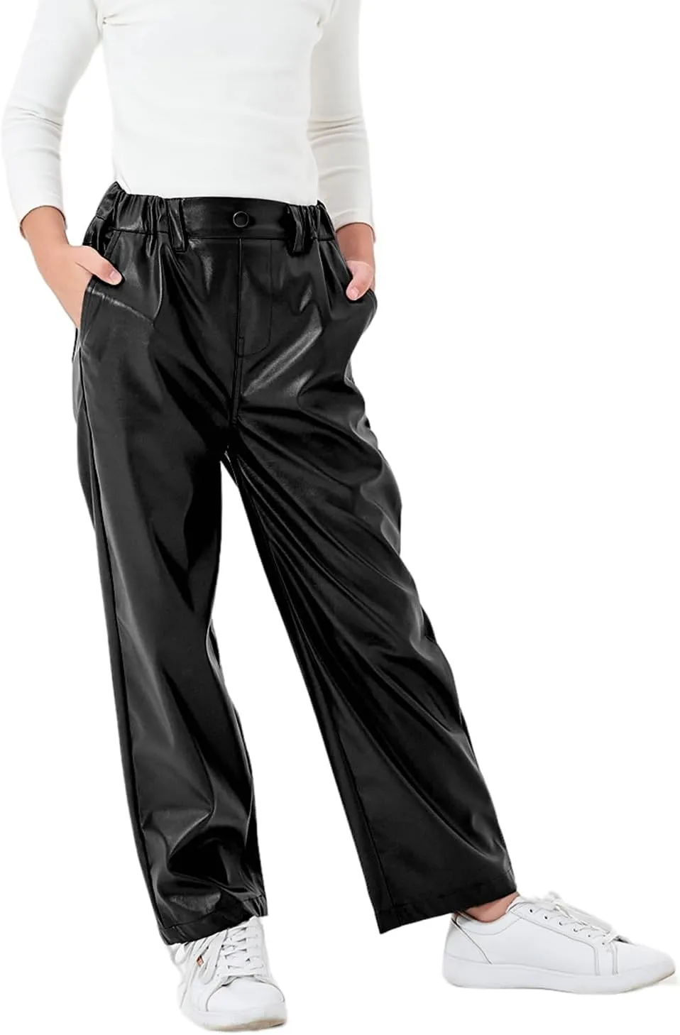 Rolanko Girls Faux Leather Pants Straight Wide Leg Streetwear Trousers with Pockets Kids Pants 4-14 Years