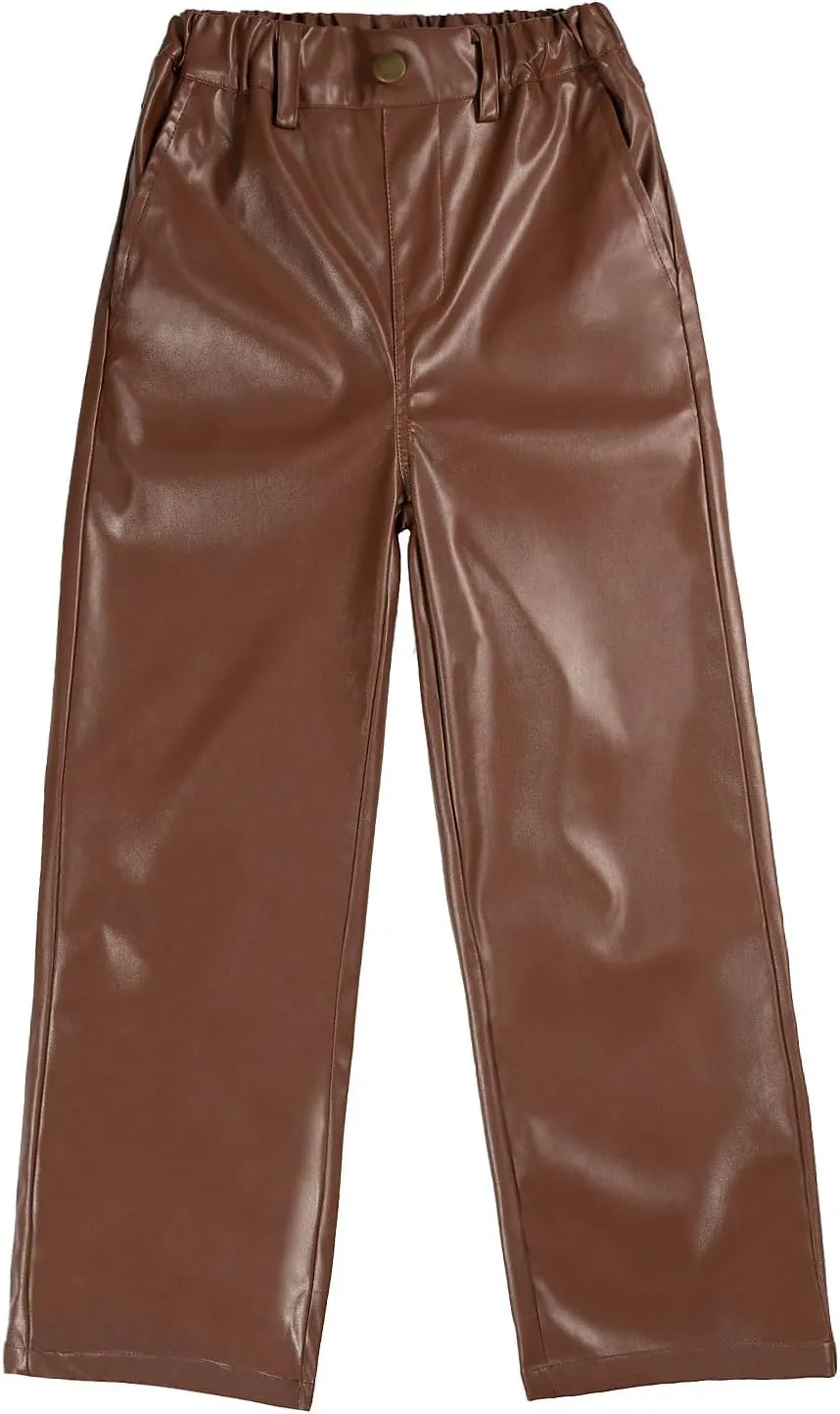 Rolanko Girls Faux Leather Pants Straight Wide Leg Streetwear Trousers with Pockets Kids Pants 4-14 Years