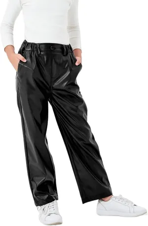 Rolanko Girls Faux Leather Pants Straight Wide Leg Streetwear Trousers with Pockets Kids Pants 4-14 Years