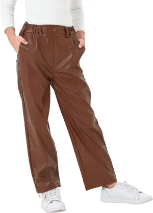 Rolanko Girls Faux Leather Pants Straight Wide Leg Streetwear Trousers with Pockets Kids Pants 4-14 Years