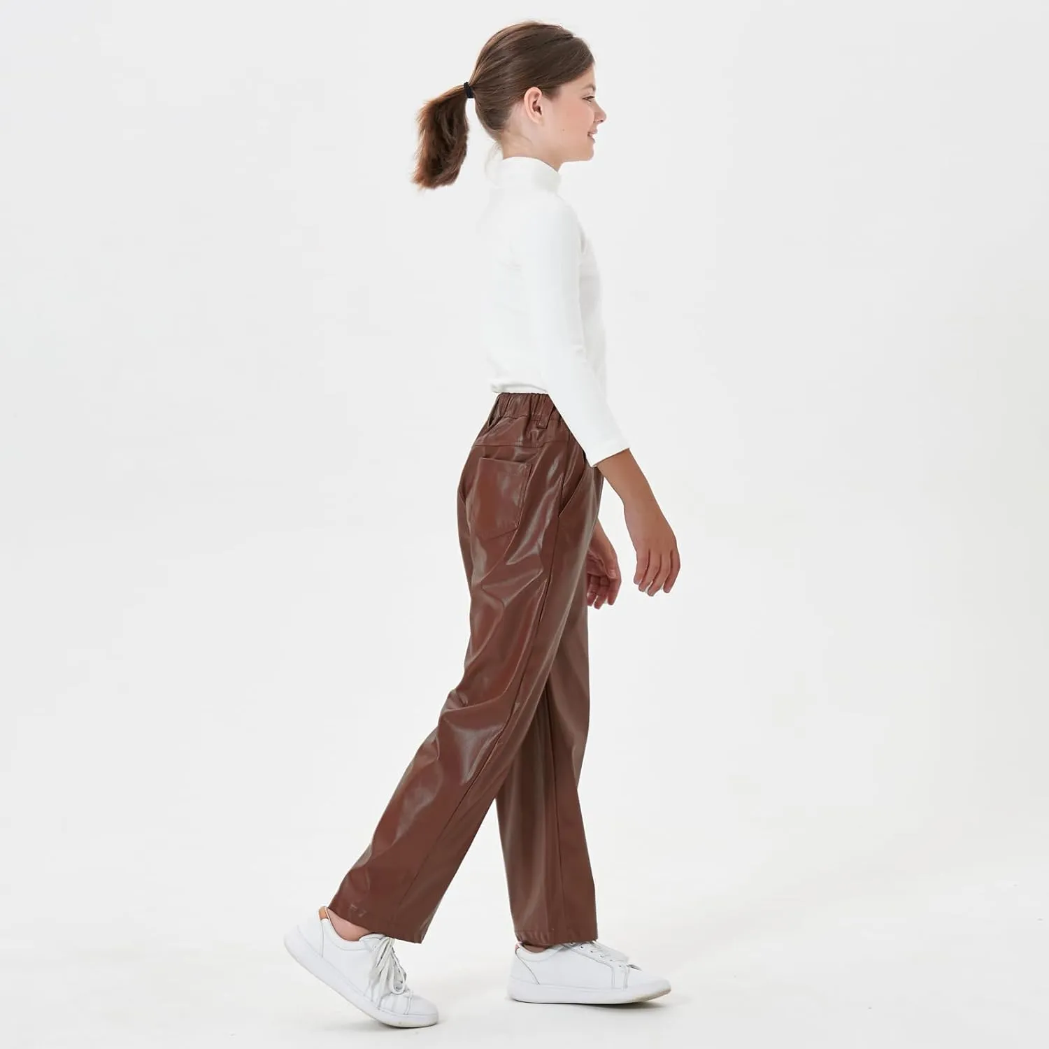 Rolanko Girls Faux Leather Pants Straight Wide Leg Streetwear Trousers with Pockets Kids Pants 4-14 Years