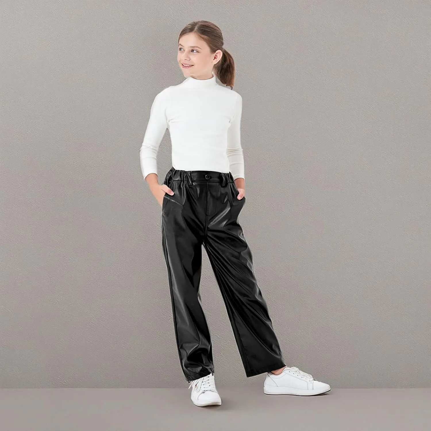 Rolanko Girls Faux Leather Pants Straight Wide Leg Streetwear Trousers with Pockets Kids Pants 4-14 Years