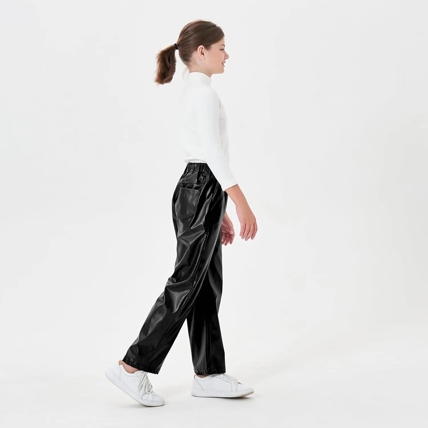 Rolanko Girls Faux Leather Pants Straight Wide Leg Streetwear Trousers with Pockets Kids Pants 4-14 Years