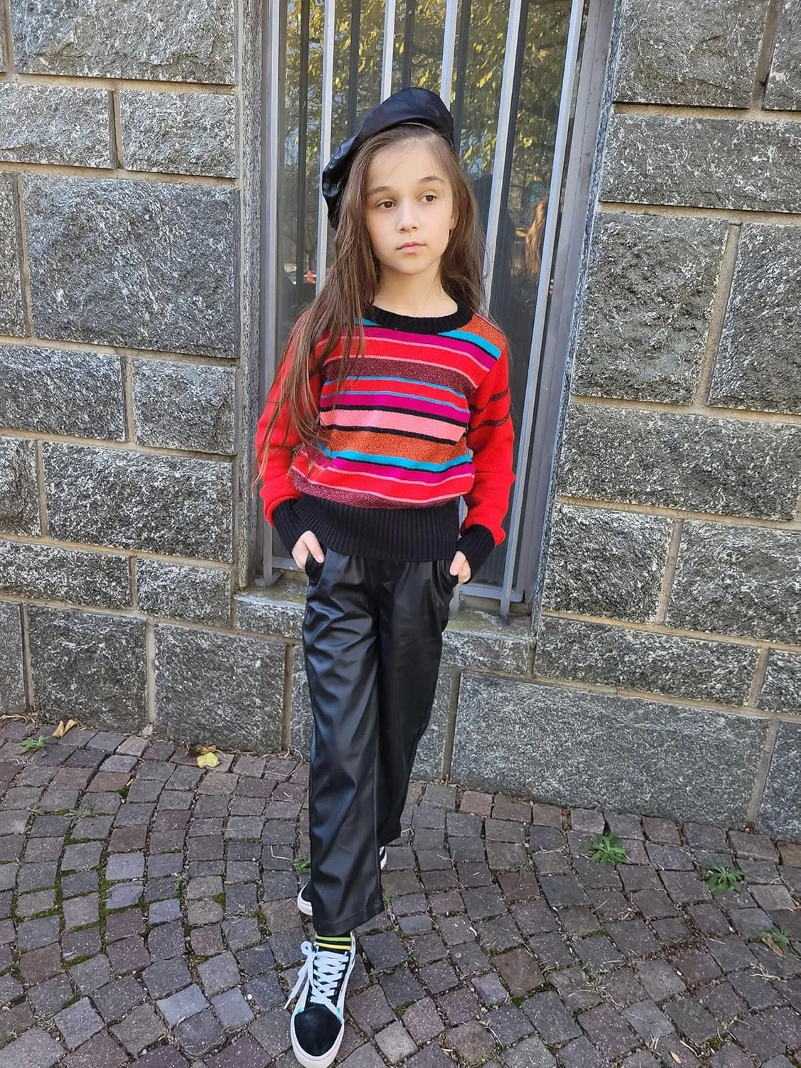 Rolanko Girls Faux Leather Pants Straight Wide Leg Streetwear Trousers with Pockets Kids Pants 4-14 Years