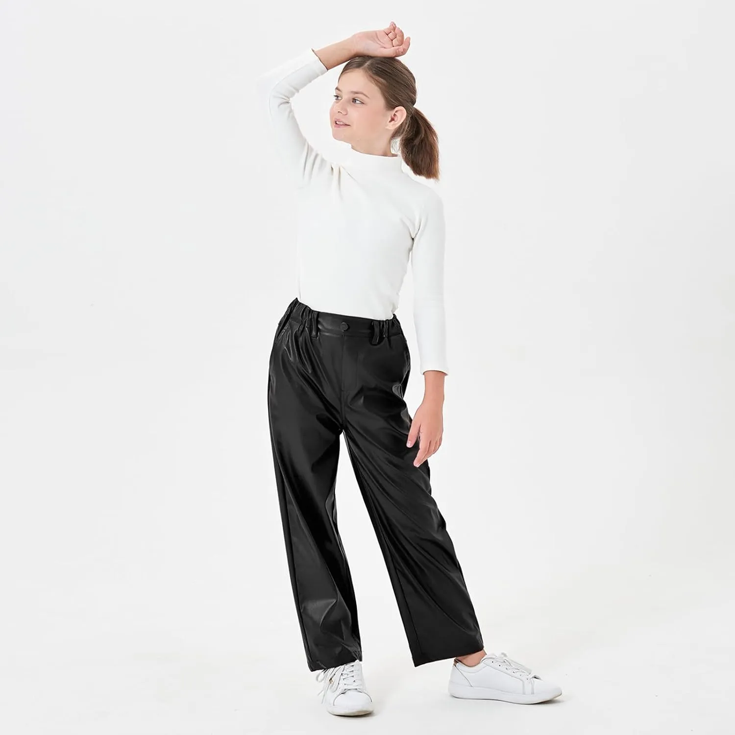 Rolanko Girls Faux Leather Pants Straight Wide Leg Streetwear Trousers with Pockets Kids Pants 4-14 Years