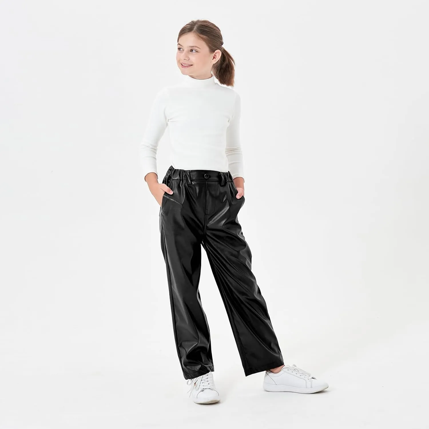 Rolanko Girls Faux Leather Pants Straight Wide Leg Streetwear Trousers with Pockets Kids Pants 4-14 Years