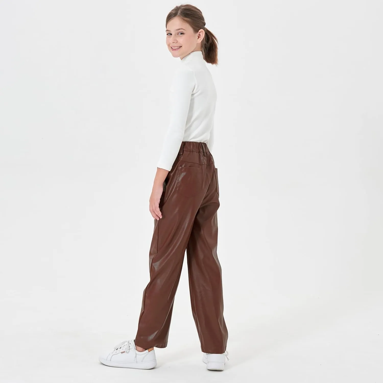Rolanko Girls Faux Leather Pants Straight Wide Leg Streetwear Trousers with Pockets Kids Pants 4-14 Years