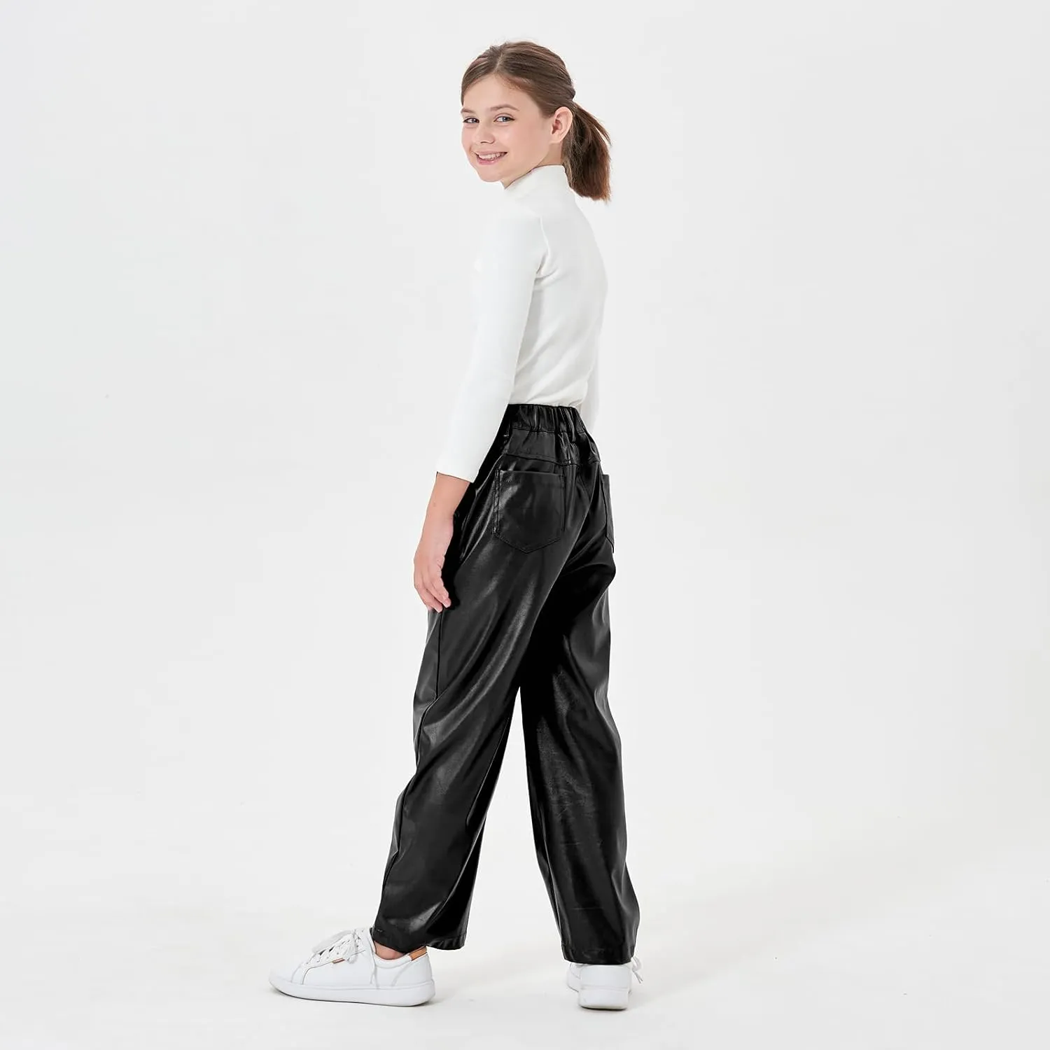 Rolanko Girls Faux Leather Pants Straight Wide Leg Streetwear Trousers with Pockets Kids Pants 4-14 Years