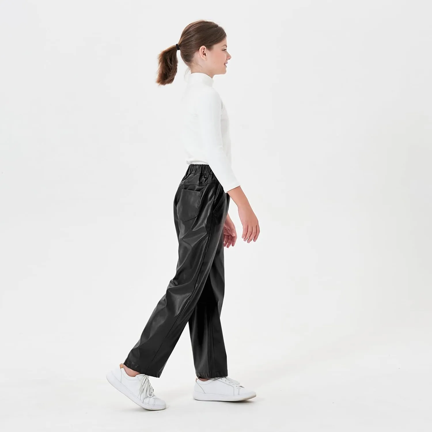 Rolanko Girls Faux Leather Pants Straight Wide Leg Streetwear Trousers with Pockets Kids Pants 4-14 Years