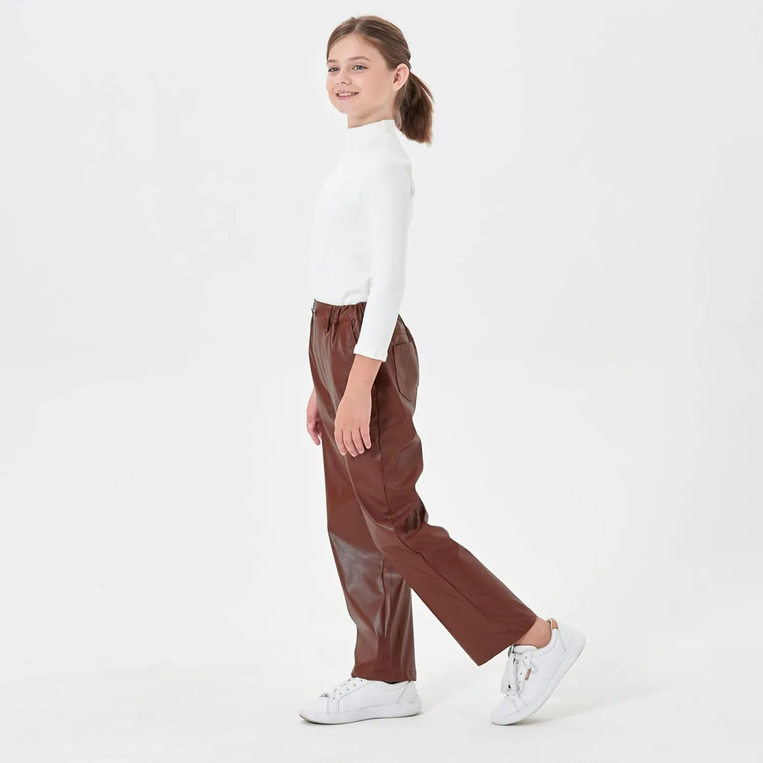 Rolanko Girls Faux Leather Pants Straight Wide Leg Streetwear Trousers with Pockets Kids Pants 4-14 Years