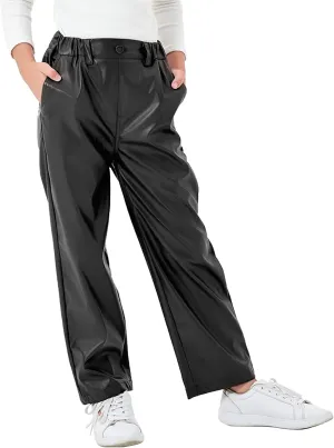 Rolanko Girls Faux Leather Pants Straight Wide Leg Streetwear Trousers with Pockets Kids Pants 4-14 Years