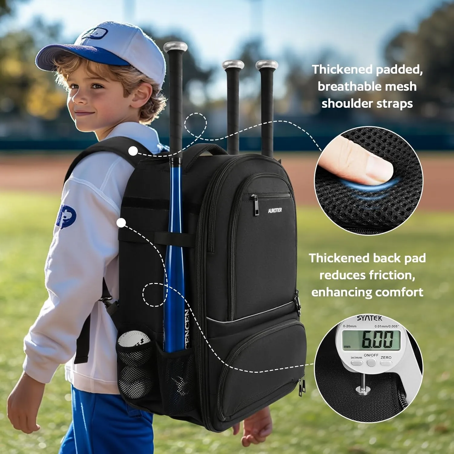 Rolling Baseball Backpack with Off-road Wheels, Wheeled Catchers Gear Bag for Baseball Equipment, 4 Bats, Large Softball Bag for TBall, Helmet & Accessories with Fence Hook