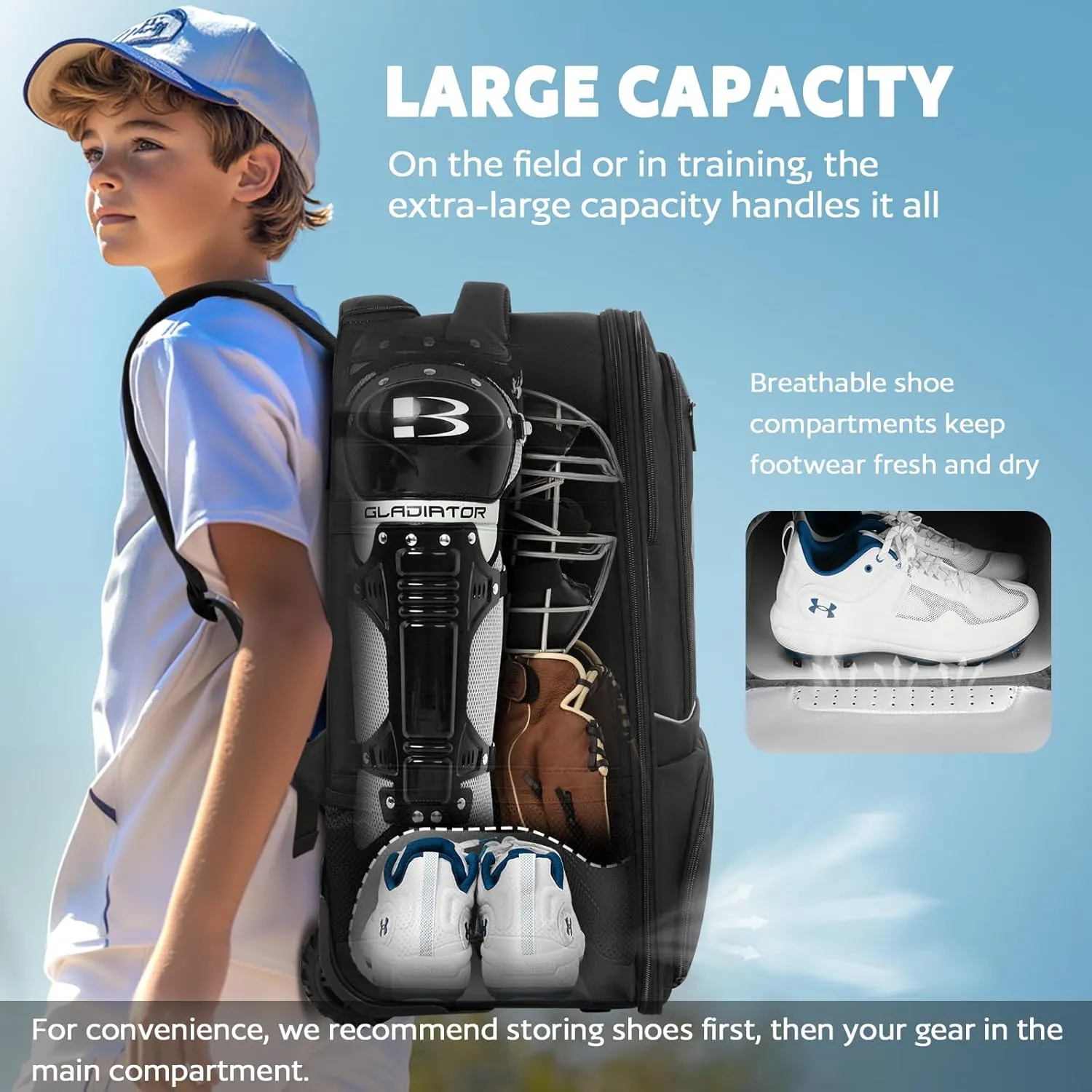 Rolling Baseball Backpack with Off-road Wheels, Wheeled Catchers Gear Bag for Baseball Equipment, 4 Bats, Large Softball Bag for TBall, Helmet & Accessories with Fence Hook