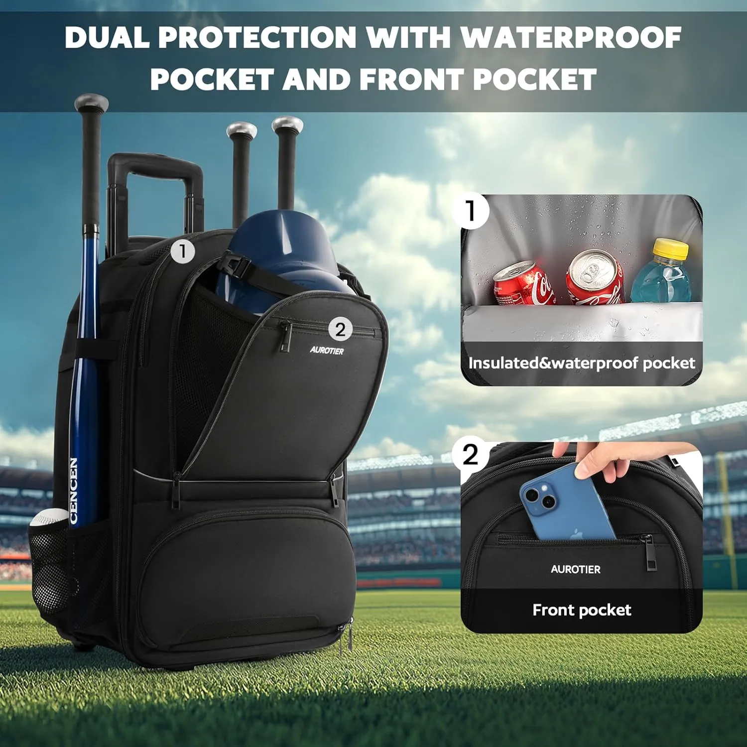 Rolling Baseball Backpack with Off-road Wheels, Wheeled Catchers Gear Bag for Baseball Equipment, 4 Bats, Large Softball Bag for TBall, Helmet & Accessories with Fence Hook