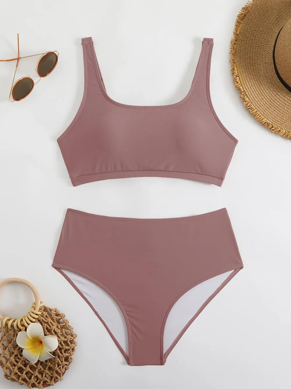 Savarana Women's High Waisted Bikini Sets Two Piece Swimsuit Cheeky Scoop Neck Swimwear High Cut Sporty Bathing Suits