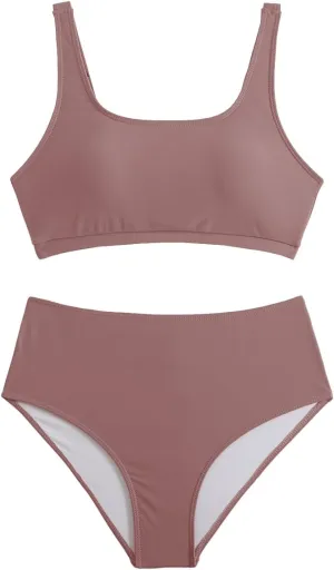 Savarana Women's High Waisted Bikini Sets Two Piece Swimsuit Cheeky Scoop Neck Swimwear High Cut Sporty Bathing Suits