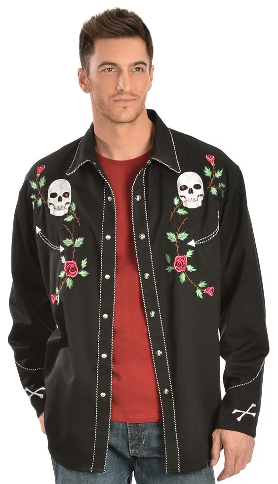 Scully Skull & Roses Embroidered Retro Western Shirt