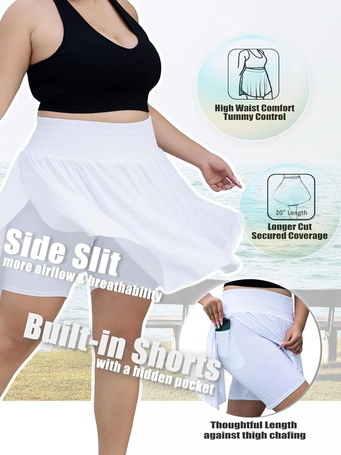 Seawhisper 20" Knee Length Plus Size Skorts for Curvy Women Pleated Skirt Shorts High Waisted with Pockets