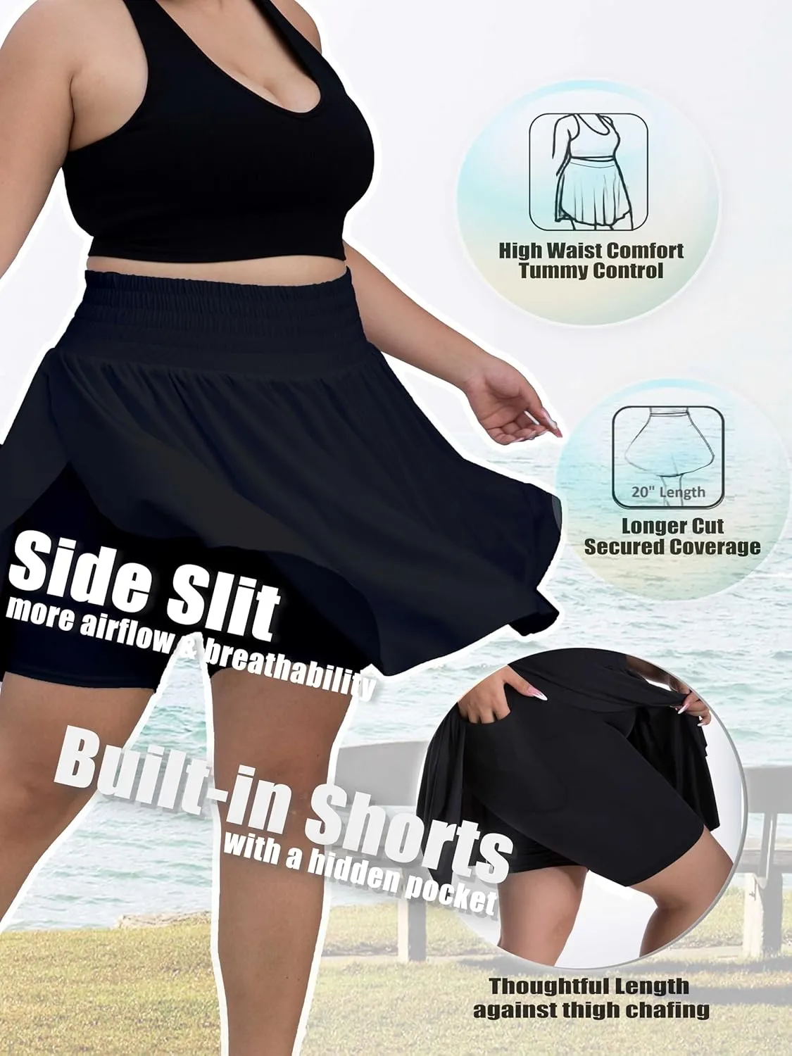 Seawhisper 20" Knee Length Plus Size Skorts for Curvy Women Pleated Skirt Shorts High Waisted with Pockets