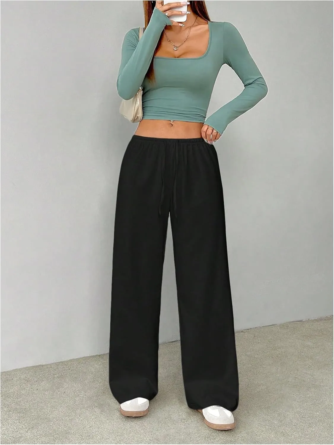 SHENHE Women's Wide Leg Pants Casual Drawstring Y2k Low Rise Lounge Pants Loose Trousers