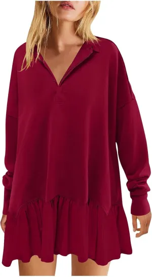 Shirt Dresses for Women 2024 Trendy Long Sleeve Patchwork Sweatshirt Dress Cute V Neck Ruffle Button Up Mini Dresses