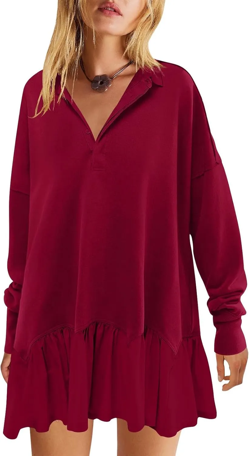 Shirt Dresses for Women 2024 Trendy Long Sleeve Patchwork Sweatshirt Dress Cute V Neck Ruffle Button Up Mini Dresses
